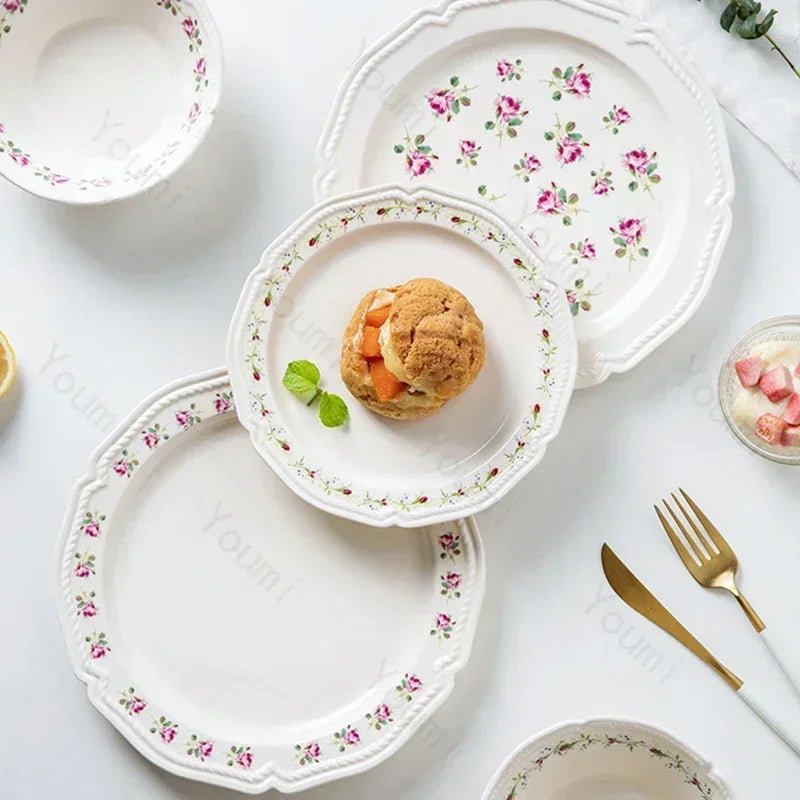 French Style Rose Ceramic Plates Light Luxury Restaurant Dessert Salad Bowls Delicious Dishes Dining Plate Exquisite Tableware - BELMA