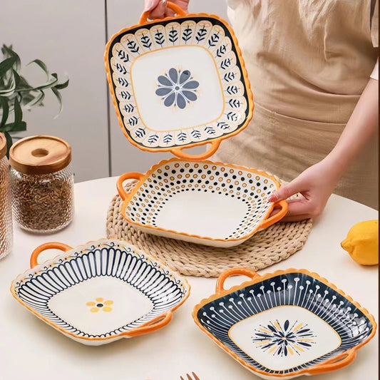 1 pc ceramic square serving plate with two ears, salad plate, kitchen utensils, Italian pasta plate - BELMA