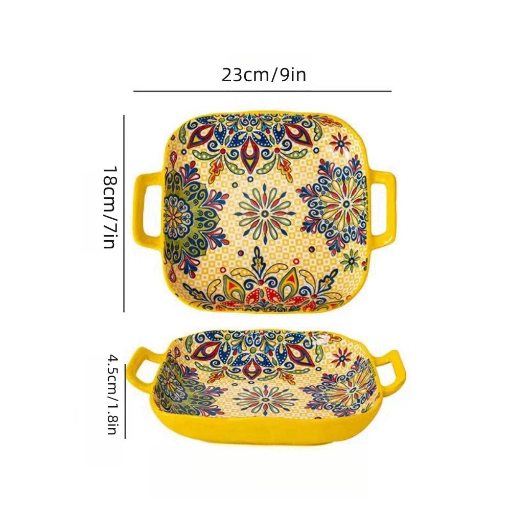 1 piece of 9 - inch Bohemian style salad plate with double ear ceramic pasta dish, can be used for oven, microwave - BELMA