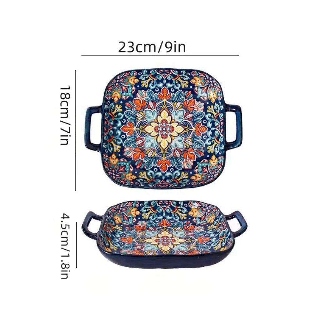 1 piece of 9 - inch Bohemian style salad plate with double ear ceramic pasta dish, can be used for oven, microwave - BELMA