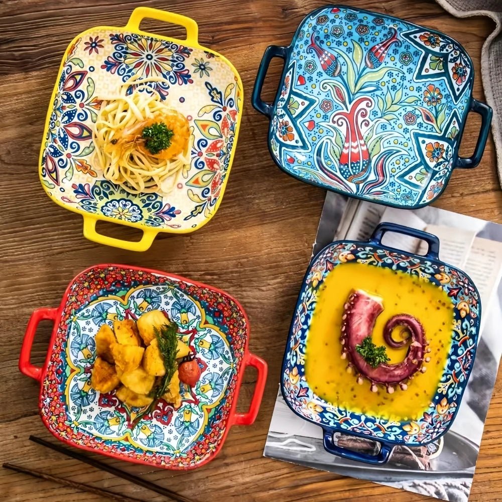 1 piece of 9 - inch Bohemian style salad plate with double ear ceramic pasta dish, can be used for oven, microwave - BELMA