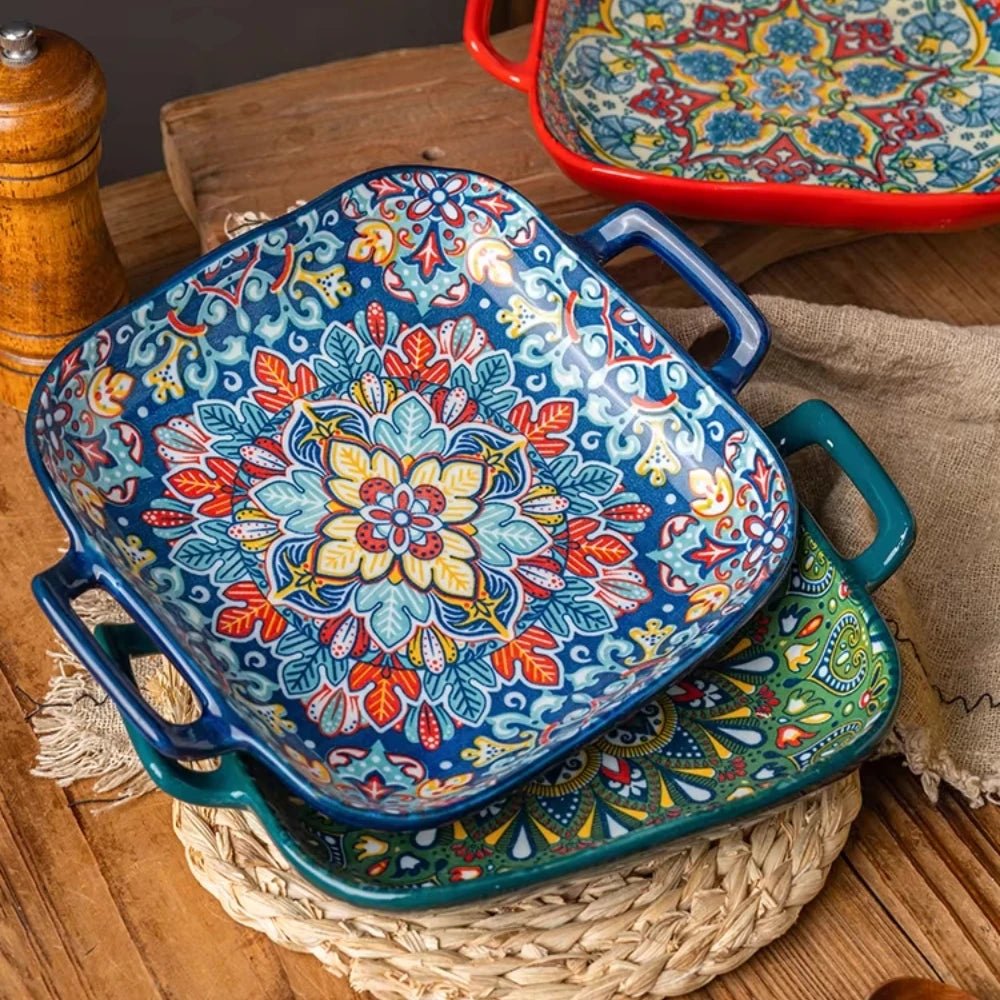 1 piece of 9 - inch Bohemian style salad plate with double ear ceramic pasta dish, can be used for oven, microwave - BELMA