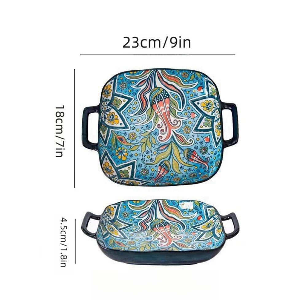 1 piece of 9 - inch Bohemian style salad plate with double ear ceramic pasta dish, can be used for oven, microwave - BELMA
