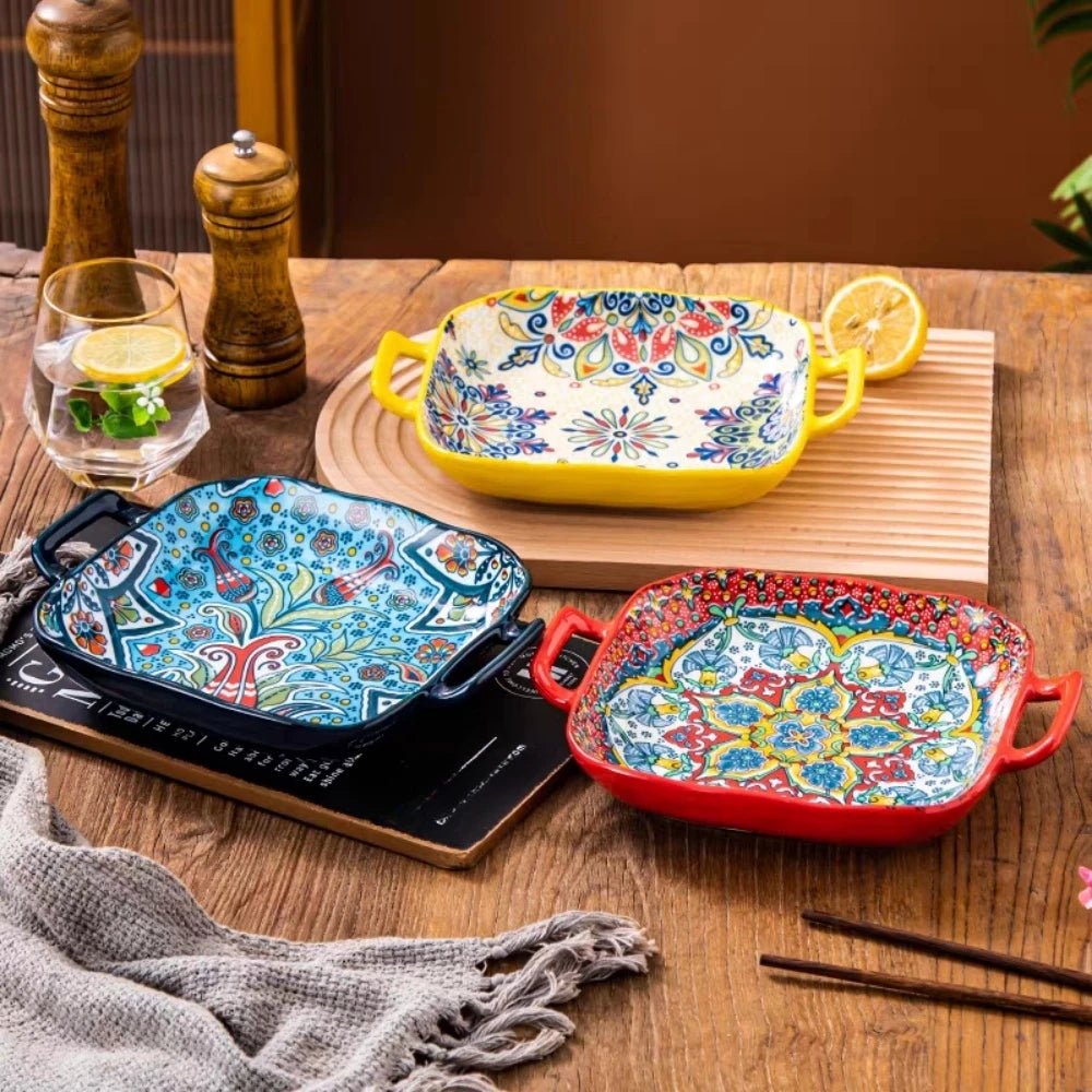1 piece of 9 - inch Bohemian style salad plate with double ear ceramic pasta dish, can be used for oven, microwave - BELMA