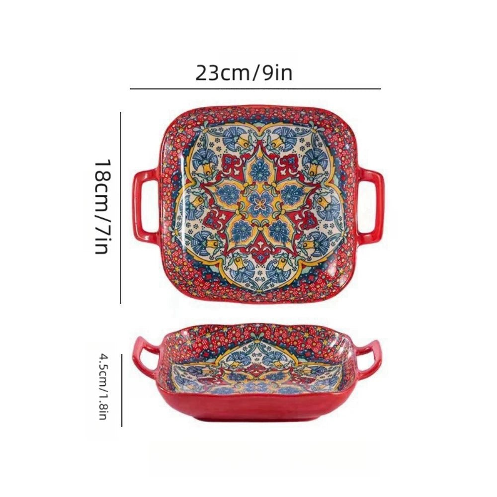 1 piece of 9 - inch Bohemian style salad plate with double ear ceramic pasta dish, can be used for oven, microwave - BELMA