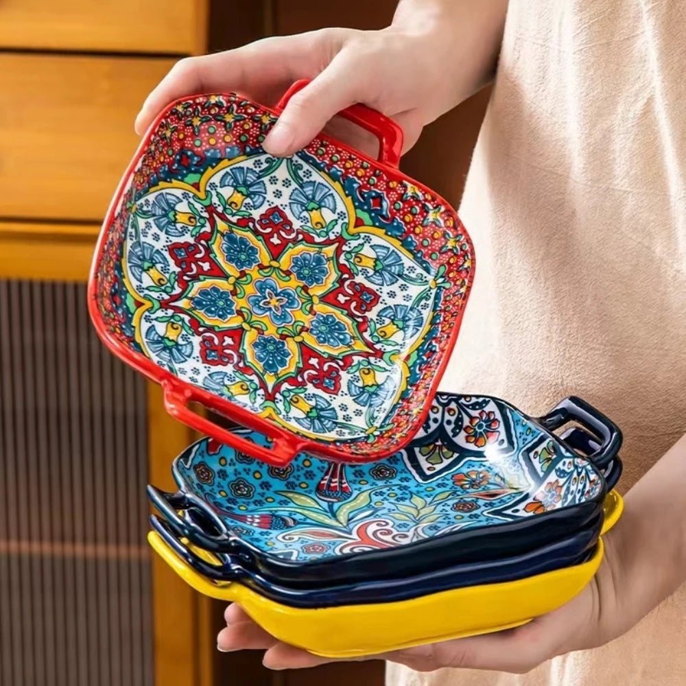 1 piece of 9 - inch Bohemian style salad plate with double ear ceramic pasta dish, can be used for oven, microwave - BELMA