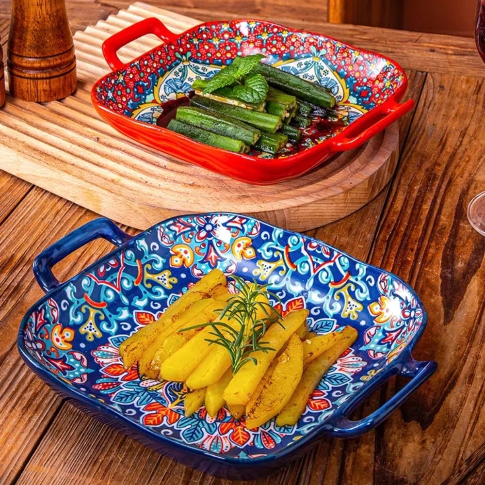 1 piece of 9 - inch Bohemian style salad plate with double ear ceramic pasta dish, can be used for oven, microwave - BELMA