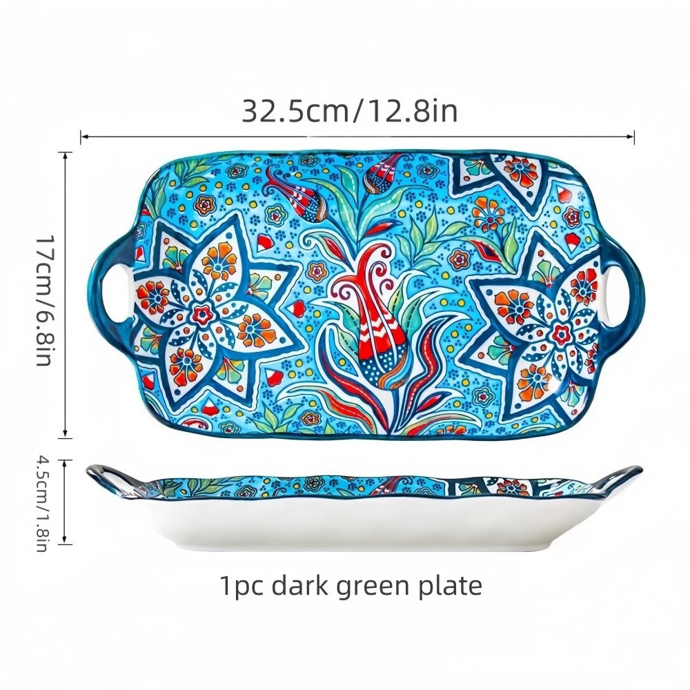 1pc Bohemian style ceramic fish dish with handle: 12.8 - inch rectangular dining table tray, suitable for microwave and oven - BELMA