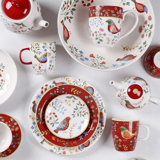 European Style Red Flower and Bird Plates Personalized Tableware Creative Mugs Ceramic Tableware