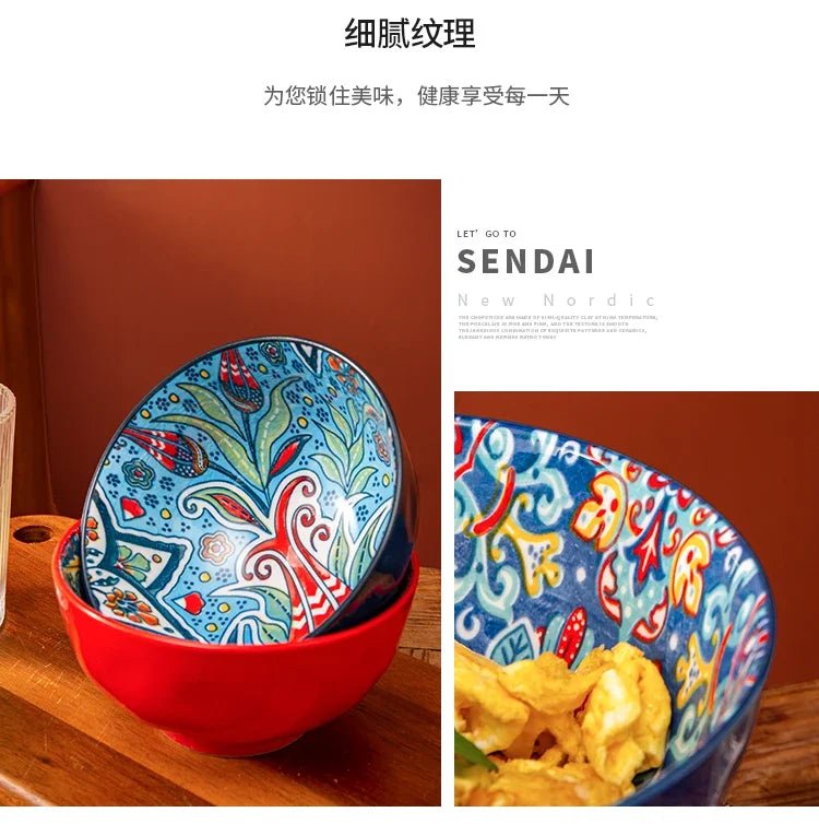 Bohemian Rice Bowl Home Creative Personality Ceramic Bowl High Appearance Level Retro Noodle Bowl Eating Rice Small Bowl - BELMA