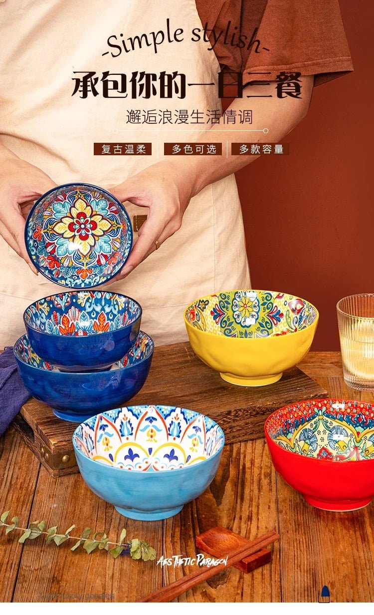 Bohemian Rice Bowl Home Creative Personality Ceramic Bowl High Appearance Level Retro Noodle Bowl Eating Rice Small Bowl - BELMA