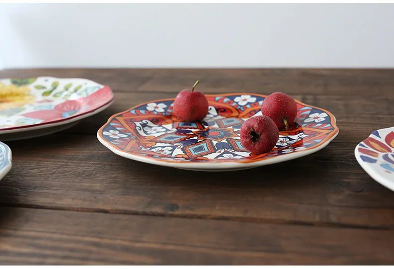 Ceramic Household Dishes Hand - painted Tableware Flat Plate Rustic Ethnic Style Steak Western Round Tray - BELMA