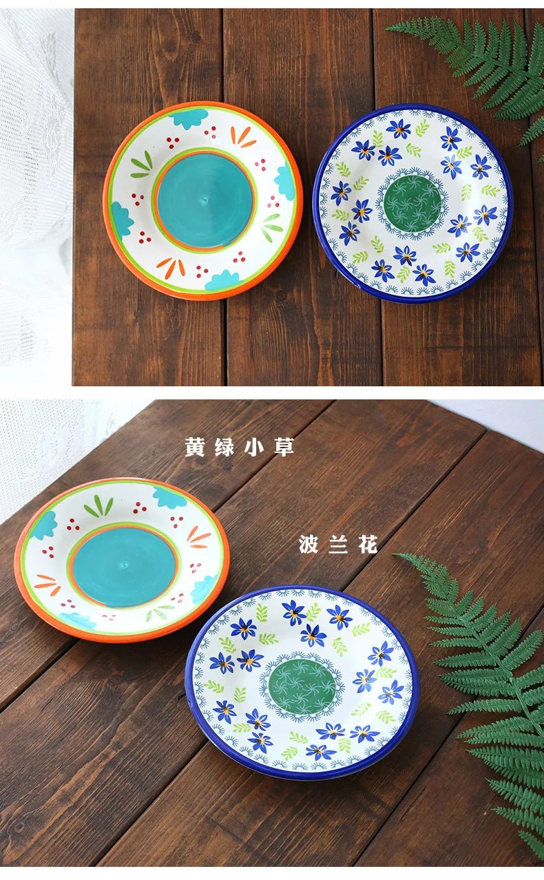 Ceramic Household Dishes Hand - painted Tableware Flat Plate Rustic Ethnic Style Steak Western Round Tray - BELMA