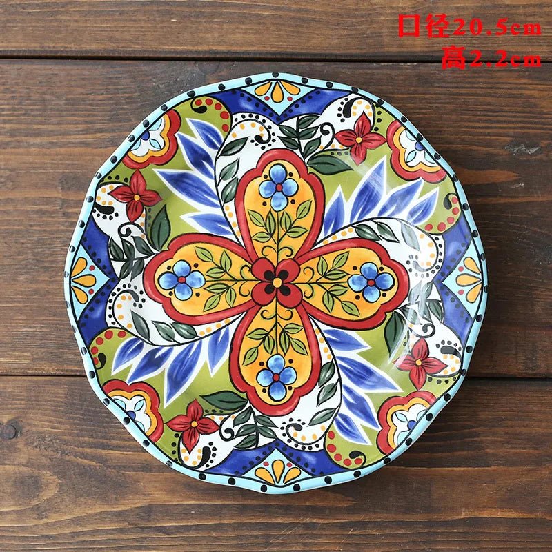 Ceramic Household Dishes Hand - painted Tableware Flat Plate Rustic Ethnic Style Steak Western Round Tray - BELMA