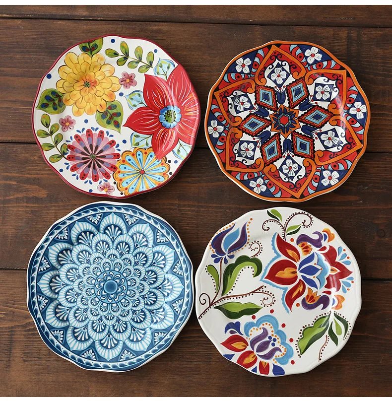 Ceramic Household Dishes Hand - painted Tableware Flat Plate Rustic Ethnic Style Steak Western Round Tray - BELMA