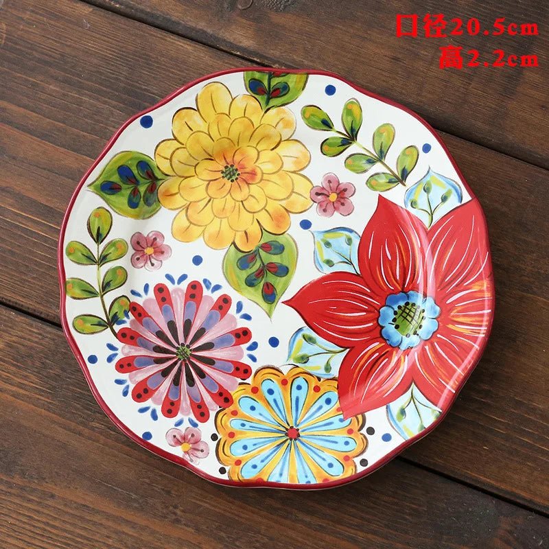 Ceramic Household Dishes Hand - painted Tableware Flat Plate Rustic Ethnic Style Steak Western Round Tray - BELMA