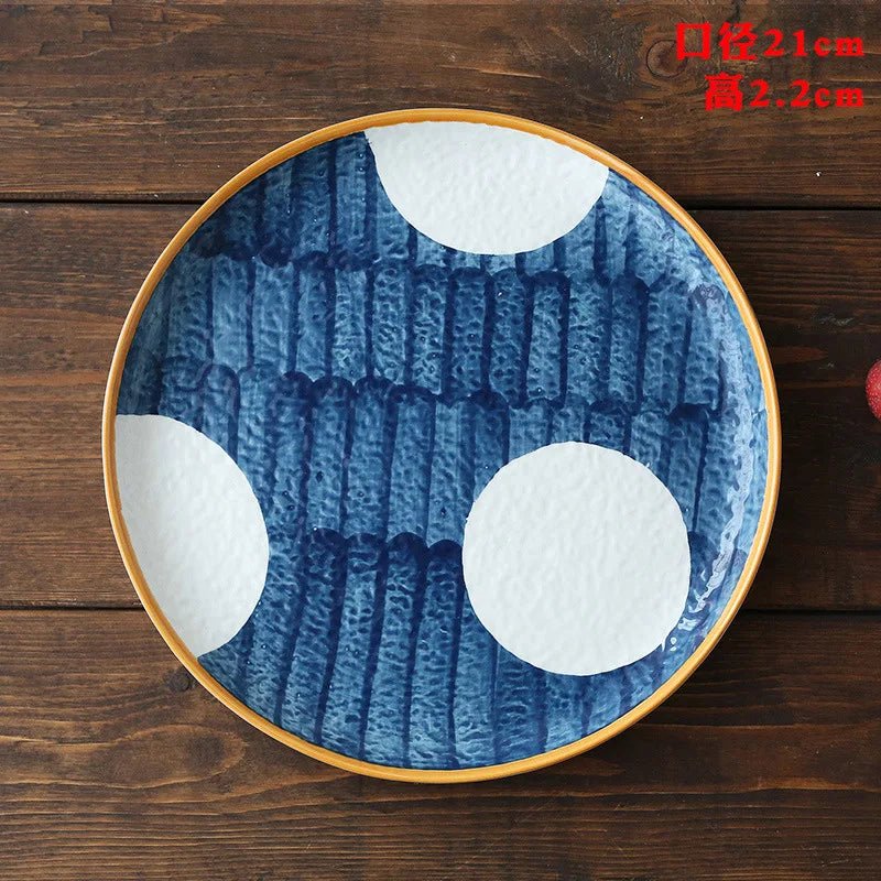Ceramic Household Dishes Hand - painted Tableware Flat Plate Rustic Ethnic Style Steak Western Round Tray - BELMA