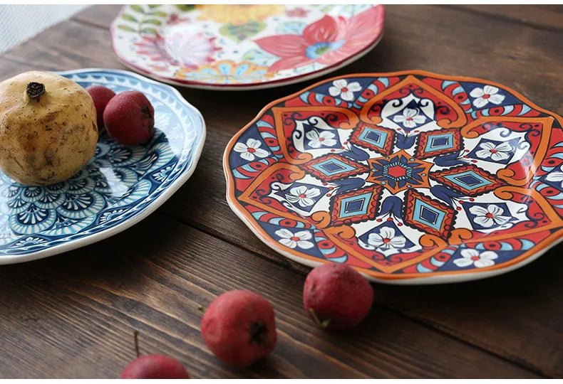 Ceramic Household Dishes Hand - painted Tableware Flat Plate Rustic Ethnic Style Steak Western Round Tray - BELMA