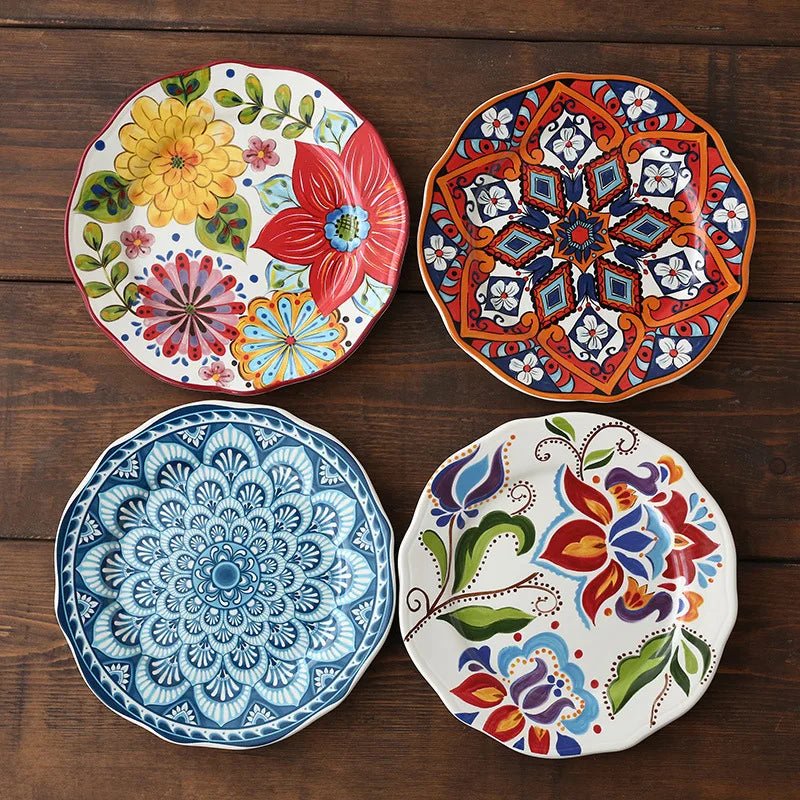 Ceramic Household Dishes Hand - painted Tableware Flat Plate Rustic Ethnic Style Steak Western Round Tray - BELMA