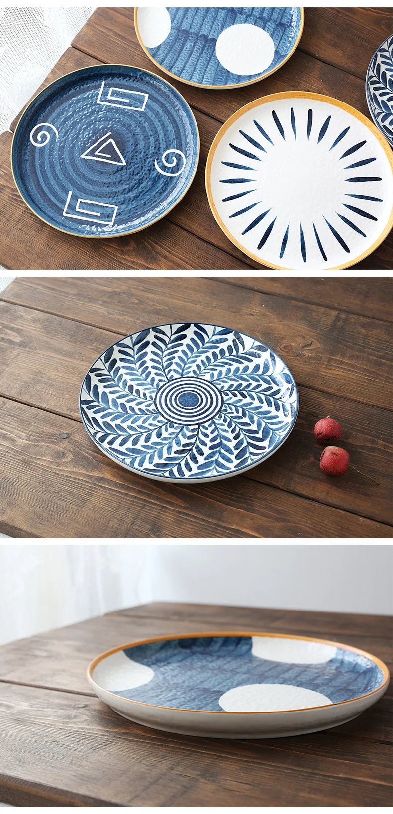 Ceramic Household Dishes Hand - painted Tableware Flat Plate Rustic Ethnic Style Steak Western Round Tray - BELMA