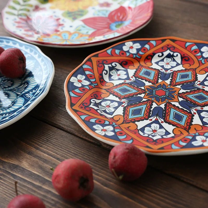 Ceramic Household Dishes Hand - painted Tableware Flat Plate Rustic Ethnic Style Steak Western Round Tray - BELMA