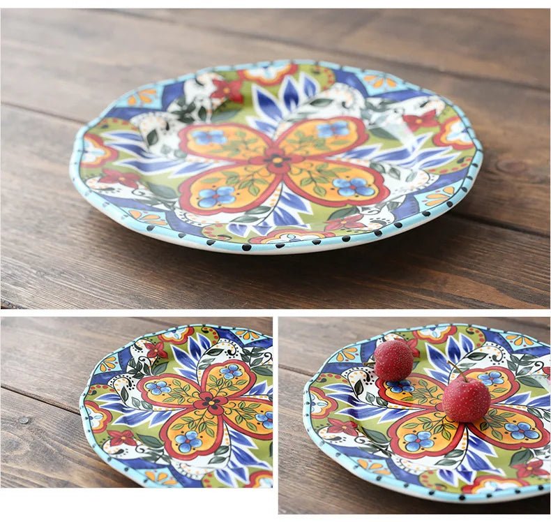 Ceramic Household Dishes Hand - painted Tableware Flat Plate Rustic Ethnic Style Steak Western Round Tray - BELMA