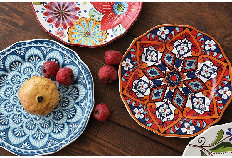 Ceramic Household Dishes Hand - painted Tableware Flat Plate Rustic Ethnic Style Steak Western Round Tray - BELMA