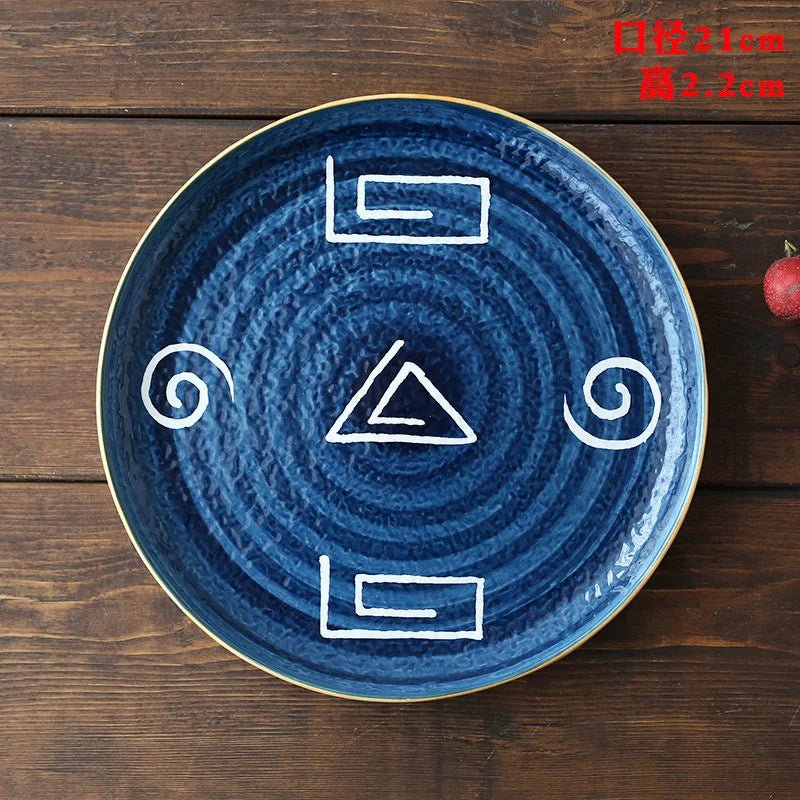 Ceramic Household Dishes Hand - painted Tableware Flat Plate Rustic Ethnic Style Steak Western Round Tray - BELMA