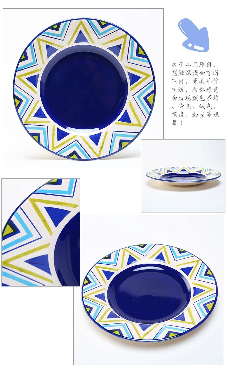 Ceramic Household Dishes Hand - painted Tableware Flat Plate Rustic Ethnic Style Steak Western Round Tray - BELMA