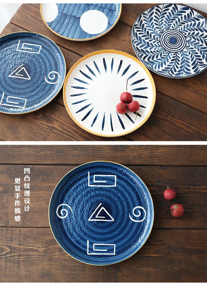 Ceramic Household Dishes Hand - painted Tableware Flat Plate Rustic Ethnic Style Steak Western Round Tray - BELMA