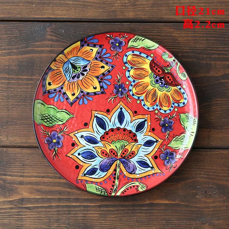 Ceramic Household Dishes Hand - painted Tableware Flat Plate Rustic Ethnic Style Steak Western Round Tray - BELMA