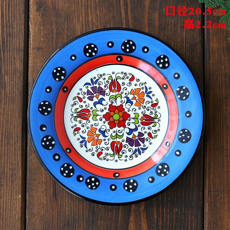 Ceramic Household Dishes Hand - painted Tableware Flat Plate Rustic Ethnic Style Steak Western Round Tray - BELMA
