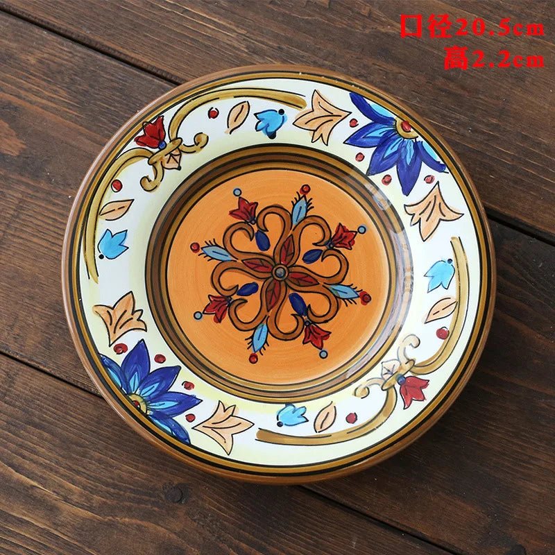 Ceramic Household Dishes Hand - painted Tableware Flat Plate Rustic Ethnic Style Steak Western Round Tray - BELMA