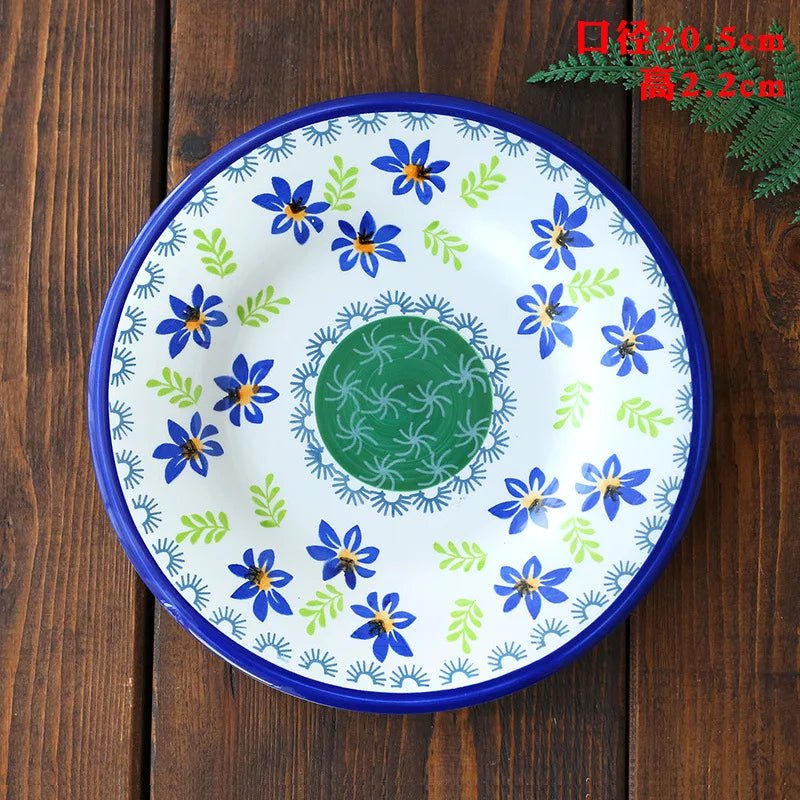 Ceramic Household Dishes Hand - painted Tableware Flat Plate Rustic Ethnic Style Steak Western Round Tray - BELMA