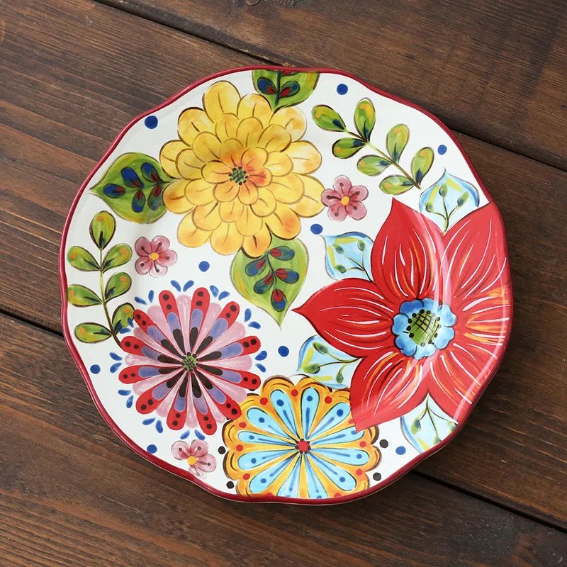 Ceramic Household Dishes Hand - painted Tableware Flat Plate Rustic Ethnic Style Steak Western Round Tray - BELMA