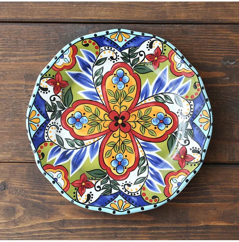 Ceramic Household Dishes Hand - painted Tableware Flat Plate Rustic Ethnic Style Steak Western Round Tray - BELMA