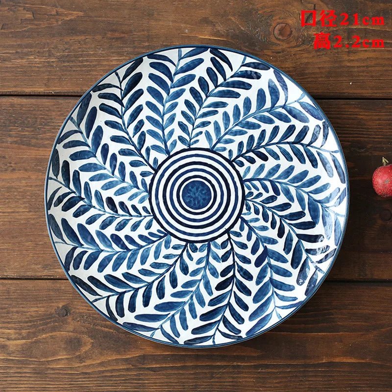 Ceramic Household Dishes Hand - painted Tableware Flat Plate Rustic Ethnic Style Steak Western Round Tray - BELMA