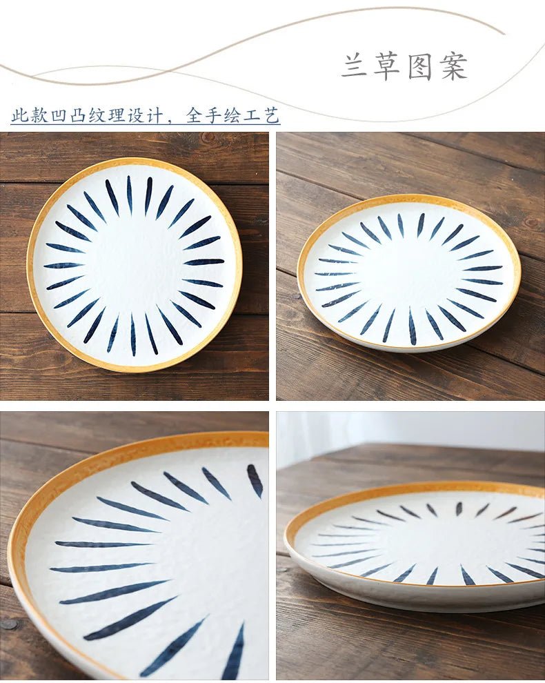 Ceramic Household Dishes Hand - painted Tableware Flat Plate Rustic Ethnic Style Steak Western Round Tray - BELMA