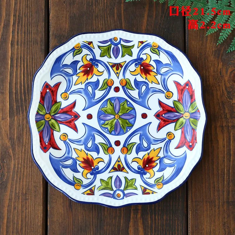 Ceramic Household Dishes Hand - painted Tableware Flat Plate Rustic Ethnic Style Steak Western Round Tray - BELMA