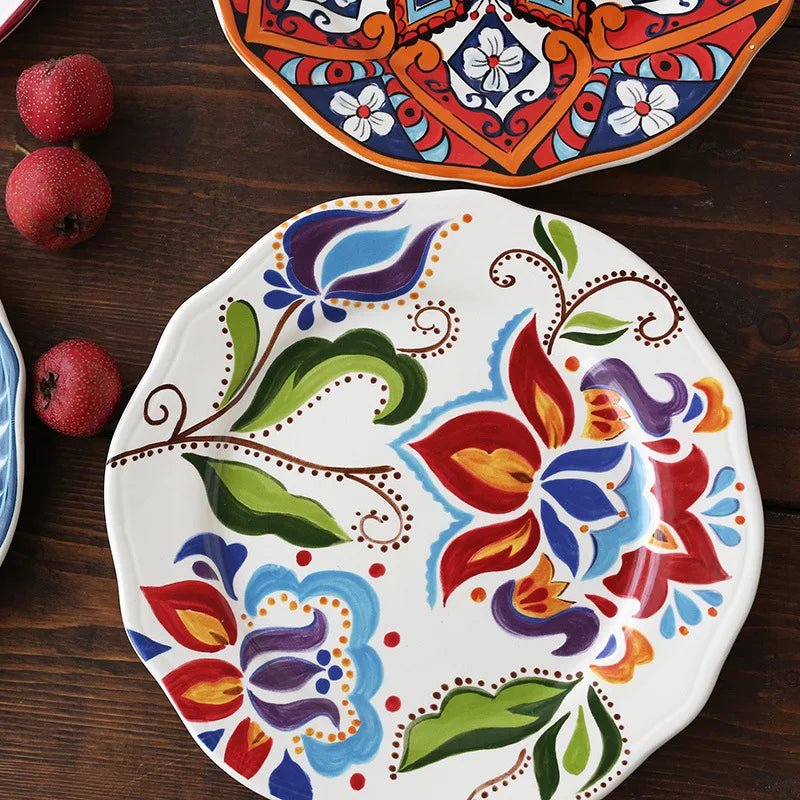Ceramic Household Dishes Hand - painted Tableware Flat Plate Rustic Ethnic Style Steak Western Round Tray - BELMA
