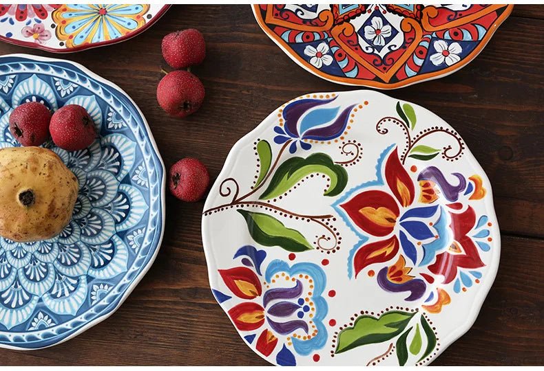 Ceramic Household Dishes Hand - painted Tableware Flat Plate Rustic Ethnic Style Steak Western Round Tray - BELMA