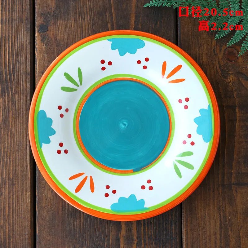 Ceramic Household Dishes Hand - painted Tableware Flat Plate Rustic Ethnic Style Steak Western Round Tray - BELMA