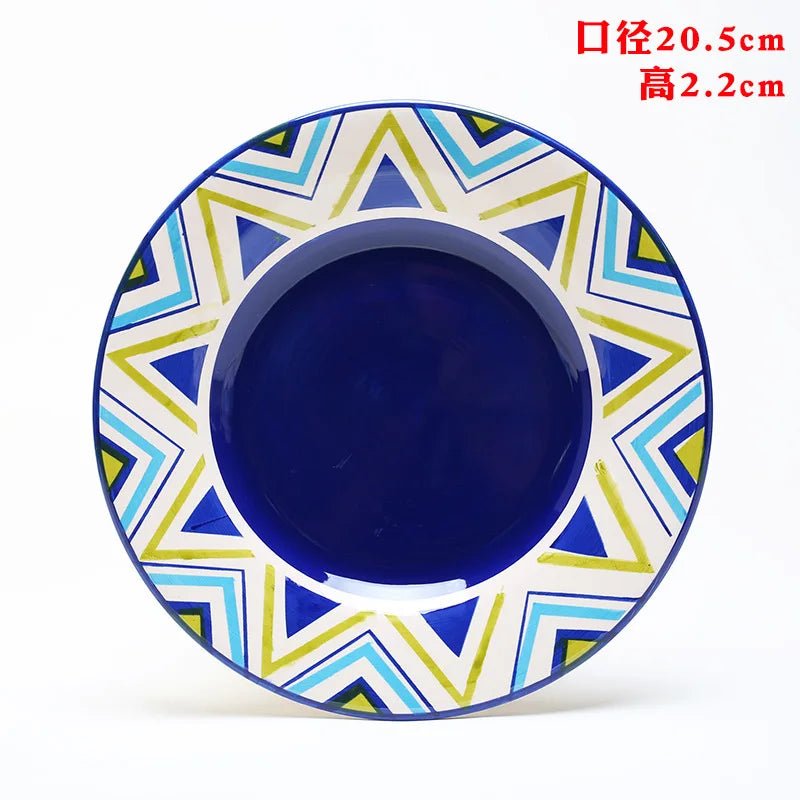 Ceramic Household Dishes Hand - painted Tableware Flat Plate Rustic Ethnic Style Steak Western Round Tray - BELMA