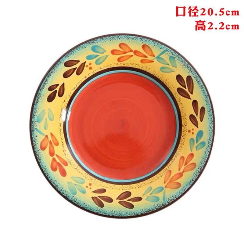Ceramic Household Dishes Hand - painted Tableware Flat Plate Rustic Ethnic Style Steak Western Round Tray - BELMA