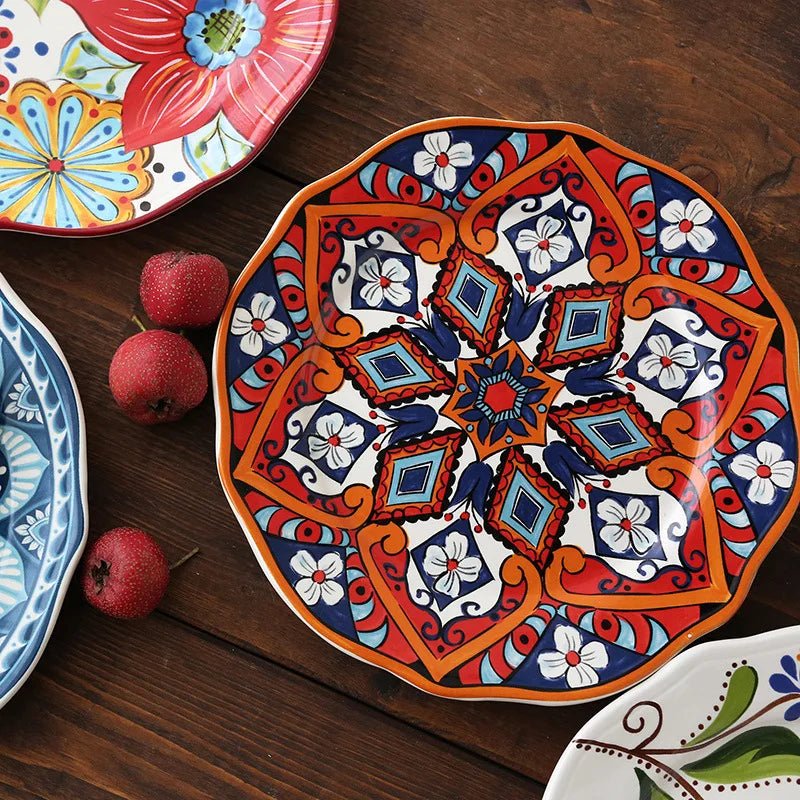Ceramic Household Dishes Hand - painted Tableware Flat Plate Rustic Ethnic Style Steak Western Round Tray - BELMA