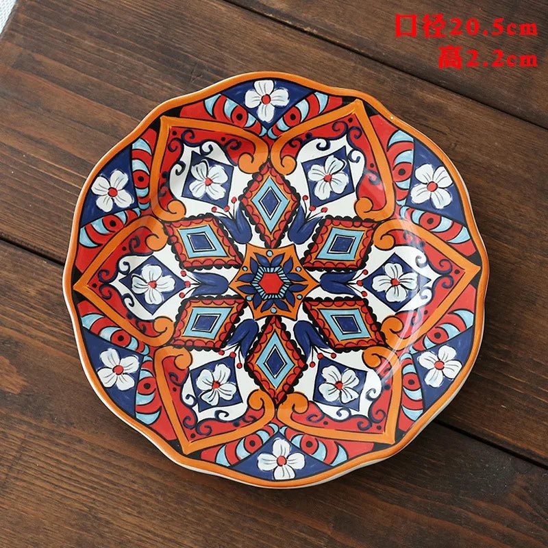 Ceramic Household Dishes Hand - painted Tableware Flat Plate Rustic Ethnic Style Steak Western Round Tray - BELMA