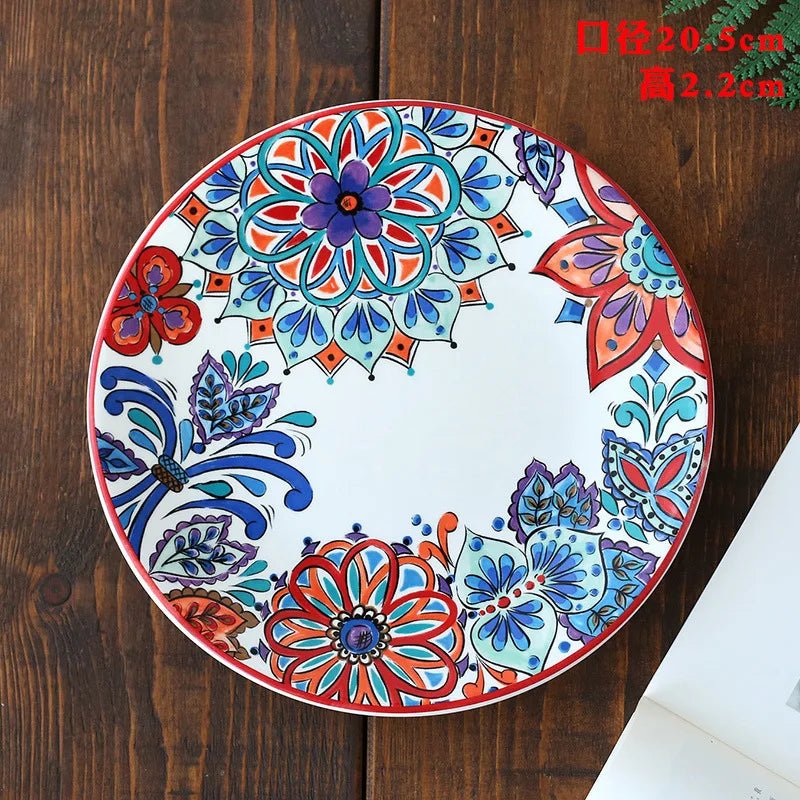 Ceramic Household Dishes Hand - painted Tableware Flat Plate Rustic Ethnic Style Steak Western Round Tray - BELMA