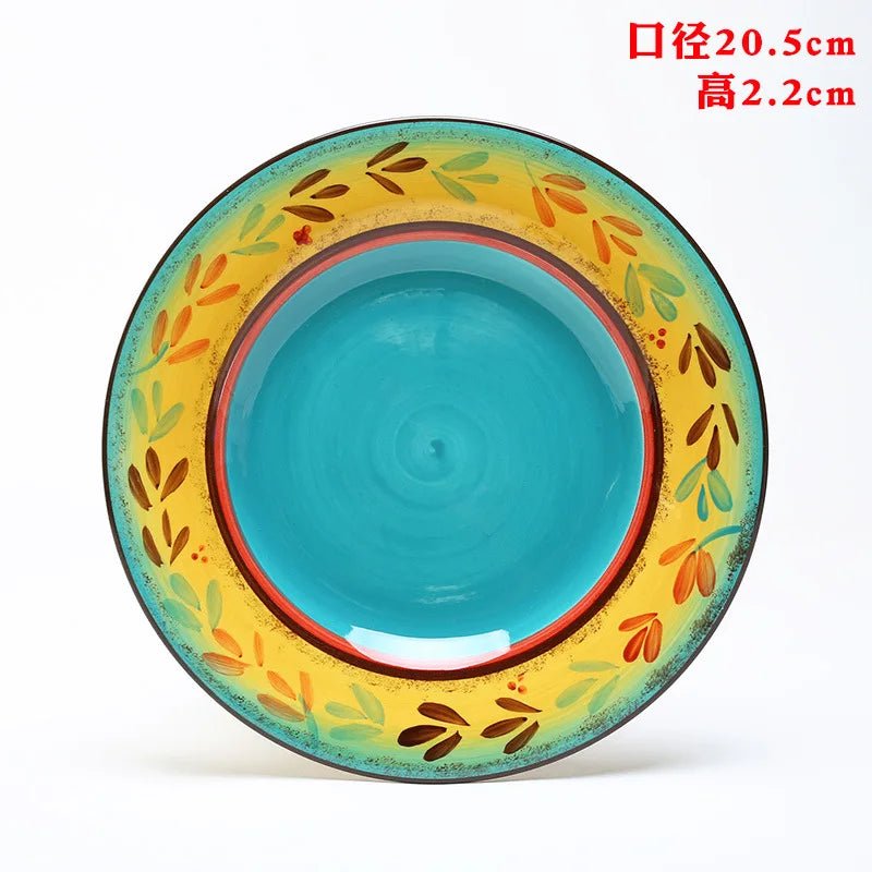 Ceramic Household Dishes Hand - painted Tableware Flat Plate Rustic Ethnic Style Steak Western Round Tray - BELMA