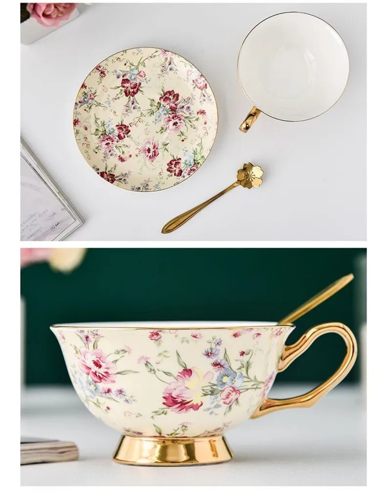 Coffee Cup Saucer Spoon Set Flower Tea Cups Set European Porcelain Cup and Saucer For Coffee Ceramic Cups Mugs Gift - BELMA