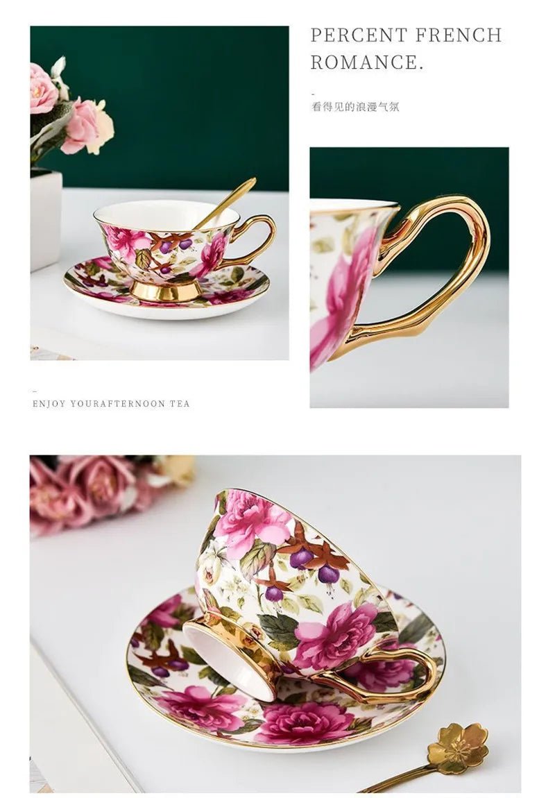 Coffee Cup Saucer Spoon Set Flower Tea Cups Set European Porcelain Cup and Saucer For Coffee Ceramic Cups Mugs Gift - BELMA